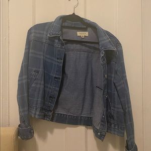 Blue plaid denim jacket.